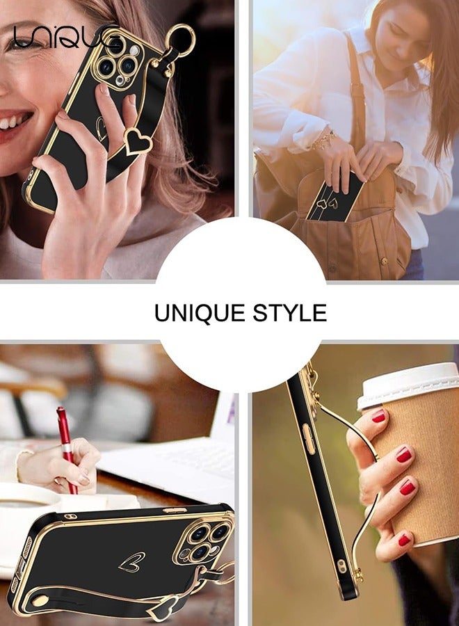 يونيك متوافق مع غطاء iPhone 15 Pro Max ، مسند حزام المعصم القابل للتعديل ، مصد مطلي بالذهب الفاخر على شكل قلب لطيف ، غطاء غطاء واقي للنساء والفتيات والرجال ، أسود - Image 5