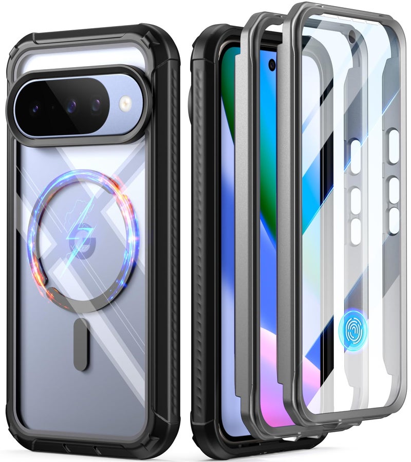 Poetic Guardian MagPro Case for Google Pixel 10/10 Pro 5G, [Compatible with MagSafe & Fingerprint ID], [2 Front Frame] Full-Body Shockproof Clear Cover with Built-in Screen Protector, Black/Clear - Image 1