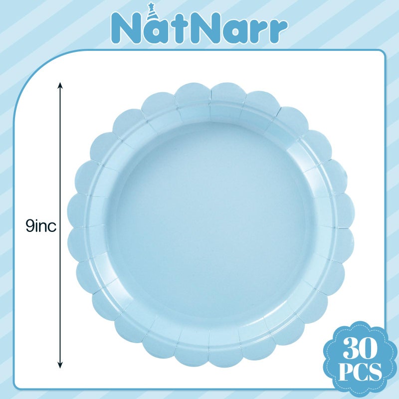 NatNarr 30 Pcs Light Blue Plates, Boy Baby Shower Decorations 9 Inch Scalloped Baby Blue Dessert Party Plate Cute Paper Plate for Easter Party, Birthday, Wedding, Bridal Shower - Image 2