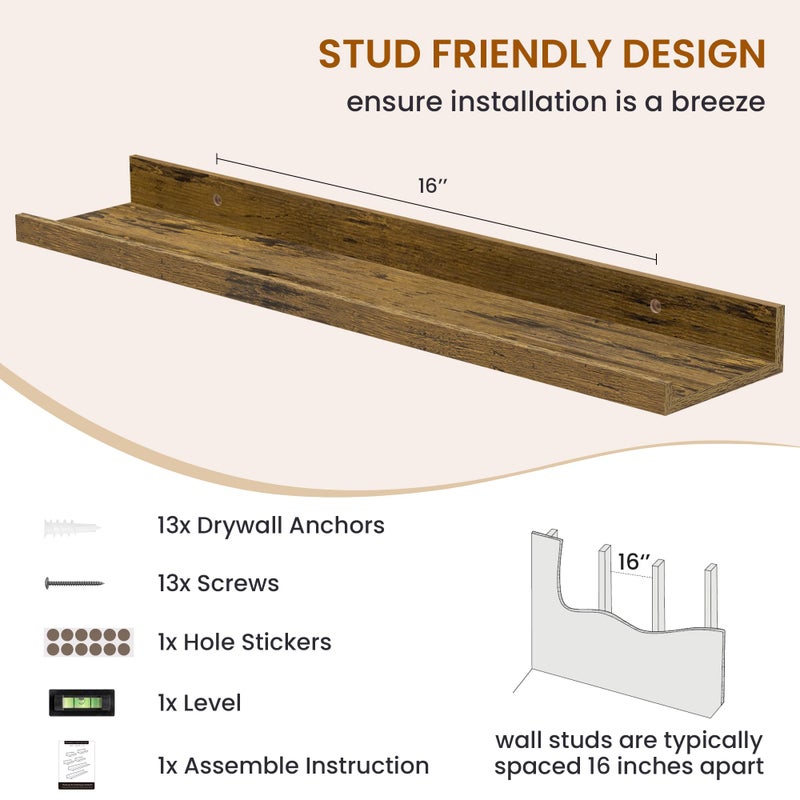 Axeman Picture Ledge Shelf, Floating Shelves for Wall Decor Set of 6, 24 inch Floating Wall Mounted Shelves, Shelves with Lip for Living Room, Bedroom, Nursery, Bathroom, Kitchen, Rustic Brown - Image 5