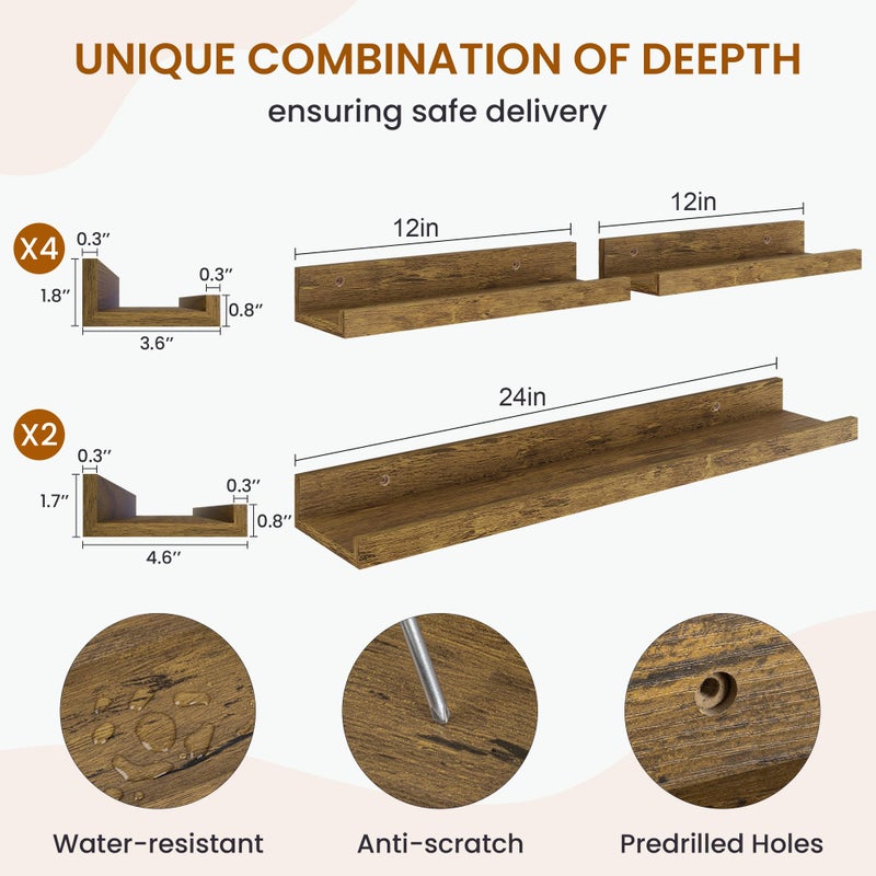 Axeman Picture Ledge Shelf, Floating Shelves for Wall Decor Set of 6, 24 inch Floating Wall Mounted Shelves, Shelves with Lip for Living Room, Bedroom, Nursery, Bathroom, Kitchen, Rustic Brown - Image 3