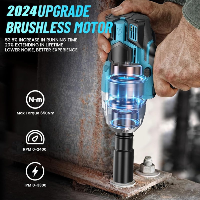 WEMART Cordless Impact Wrench, Impact Wrench 1/2 Inch Max Torque 479 Ft-Lbs(650Nm), 3300Rpm W/ 2X 4.0 Battery, 6 Sockets, 8 Drill, 6 Screws, High Torque Power Impact Wrench For Car Home - Image 5