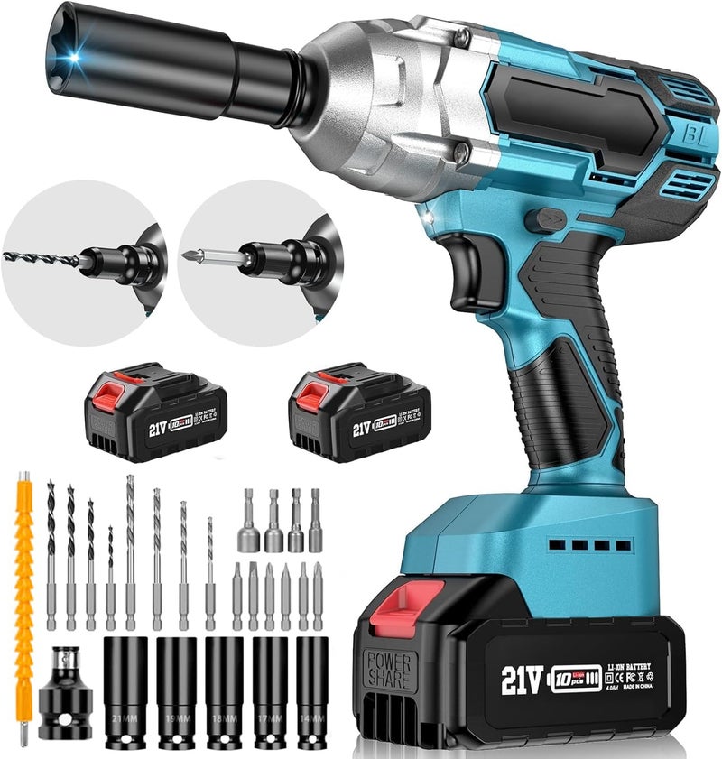 WEMART Cordless Impact Wrench, Impact Wrench 1/2 Inch Max Torque 479 Ft-Lbs(650Nm), 3300Rpm W/ 2X 4.0 Battery, 6 Sockets, 8 Drill, 6 Screws, High Torque Power Impact Wrench For Car Home - Image 1