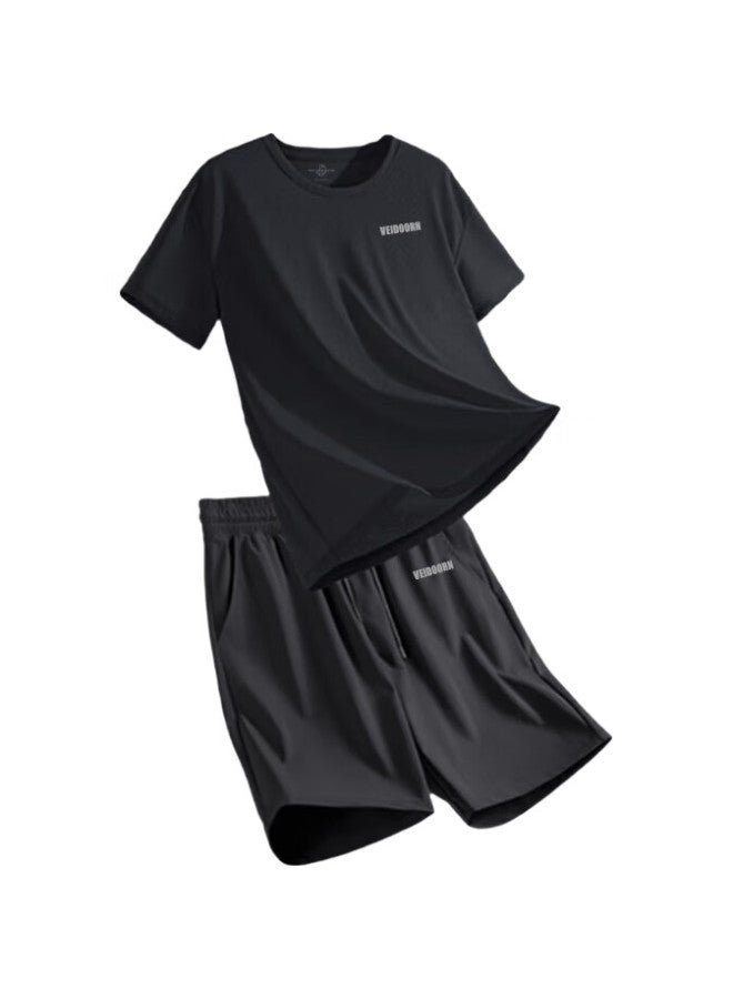VEIDOORN Sports Ice Silk Set For Men, Basketball Fitness Wear, Summer Short-Sleeve Shorts, Quick-Dry Running Suit, Casual Two-Piece, Black, Xxl - Image 1