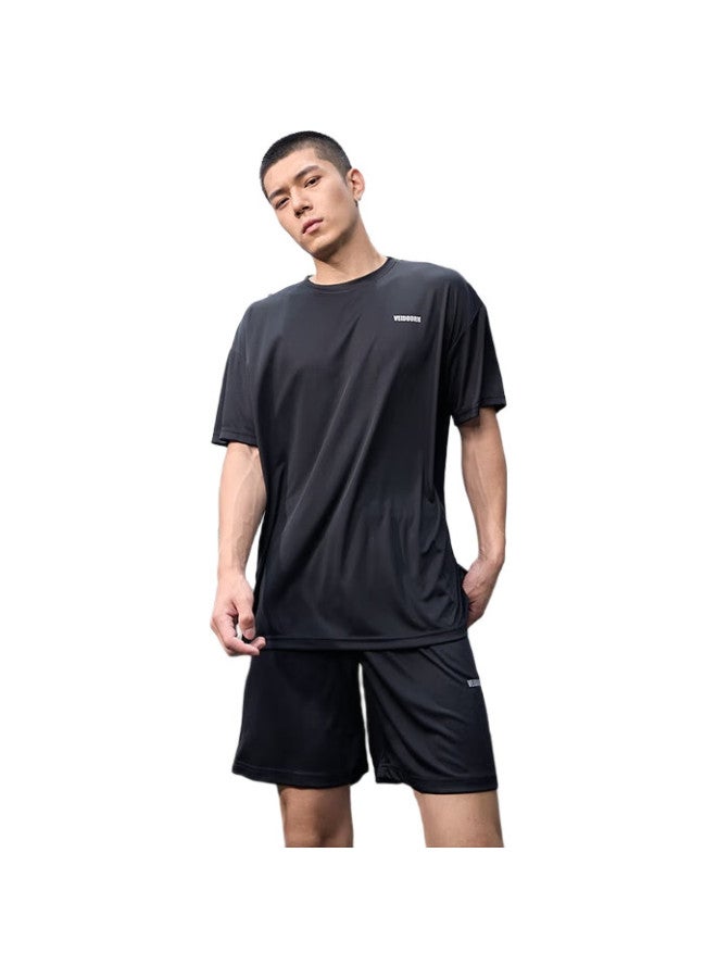 VEIDOORN Sports Ice Silk Set For Men, Basketball Fitness Wear, Summer Short-Sleeve Shorts, Quick-Dry Running Suit, Casual Two-Piece, Black, Xxl - Image 2