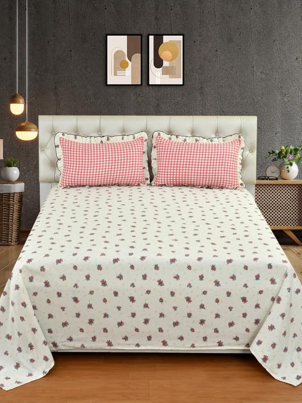 MORADO® Premium Glace Cotton King Size Bedsheet 108x108 with 2 Pillow Covers 18x28 Inches | Frill Design | Soft & Durable Double Bed Bedsheet Set for Bedroom | Stylish & Comfortable (Pink Cherry) - Image 2