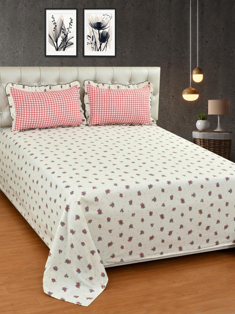 MORADO® Premium Glace Cotton King Size Bedsheet 108x108 with 2 Pillow Covers 18x28 Inches | Frill Design | Soft & Durable Double Bed Bedsheet Set for Bedroom | Stylish & Comfortable (Pink Cherry) - Image 1