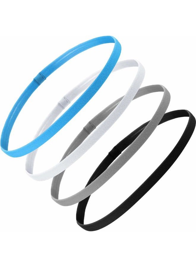 Bememo 4 Pieces Thick Non-Slip Elastic Sport Headbands Hair Headbands for Women and Men (Black, White, Grey, Royal Blue) - Image 1