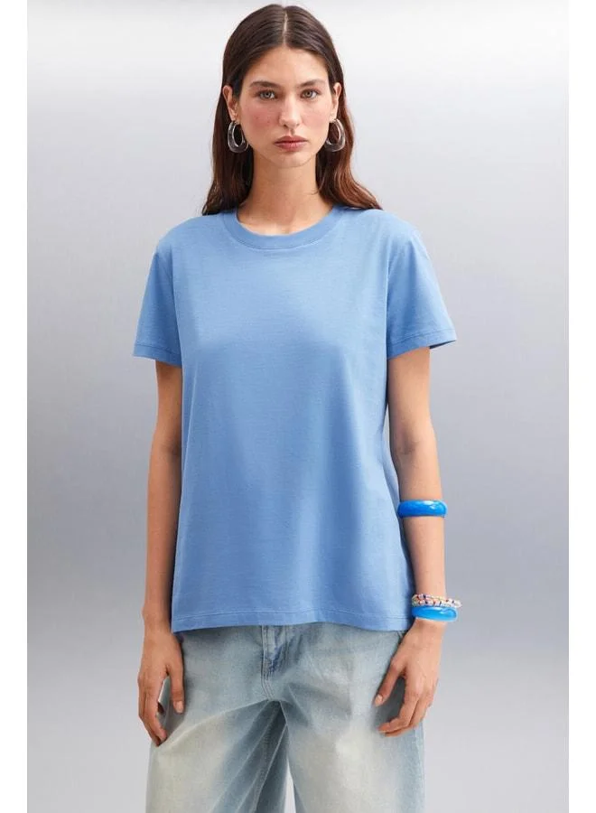 GRIMELANGE Jemmy Women's 100% Organic Cotton Relaxed Fit Split Round Neck Indigo T-Shirt