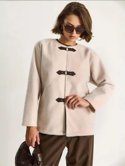 Bianco Lucci LUCCI Textured Gabardine Buttoned Coat with Jacket Collar