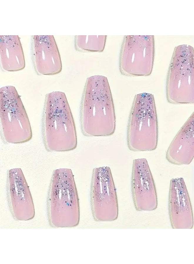 يوكانبي مجموعة أظافر تركيب 24 قطعة – بتدرج وردي وبريق فضي لامع، أظافر صناعية قابلة للإزالة والاستخدام المتعدد للنساء - Image 2