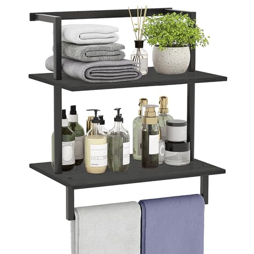 yeavs Wall Mounted Towel Rack for Bathroom, Bath Storage Holder 3-Tier Steel Wood Towel Shelf with Bar, Black - Image 1