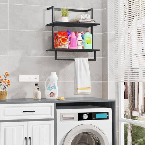 yeavs Wall Mounted Towel Rack for Bathroom, Bath Storage Holder 3-Tier Steel Wood Towel Shelf with Bar, Black - Image 5