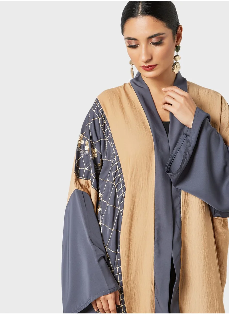 Threadz by Ajooni Contrast Panel Embroidered Abaya