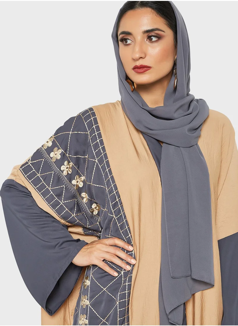 Threadz by Ajooni Contrast Panel Embroidered Abaya