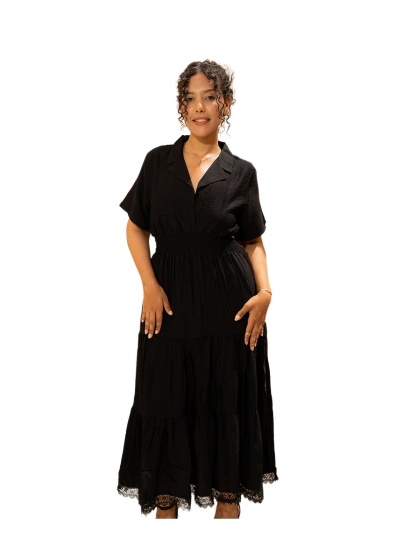 Lavandera Women's Maxi Dress, Pure Linen, Shrinkage and Wrinkle Resistant, Collared Neckline, Tiered Skirt, Elasticated Waist, Black - Image 1
