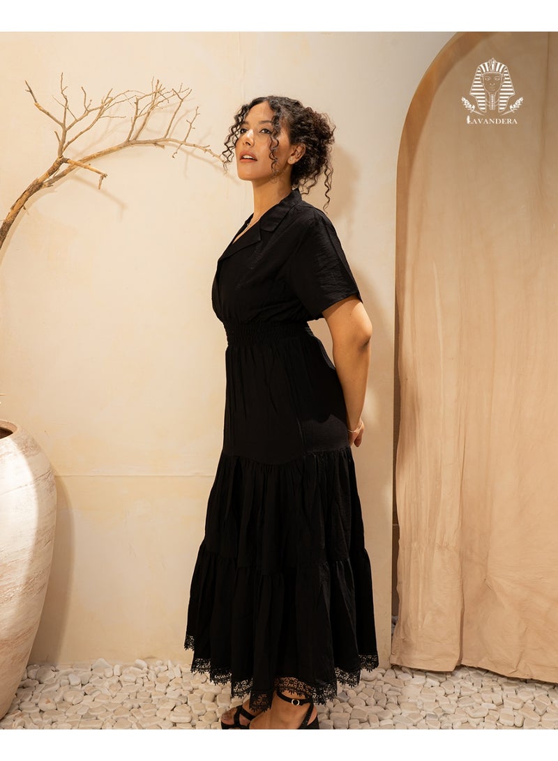 Lavandera Women's Maxi Dress, Pure Linen, Shrinkage and Wrinkle Resistant, Collared Neckline, Tiered Skirt, Elasticated Waist, Black - Image 3