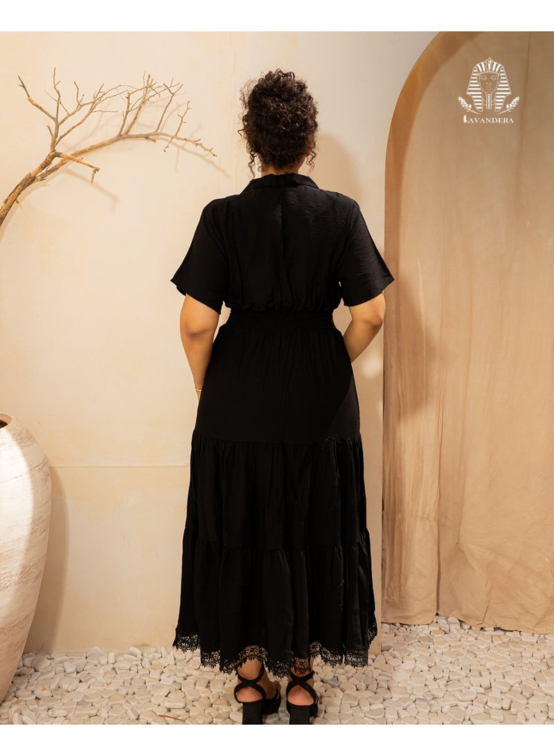 Lavandera Women's Maxi Dress, Pure Linen, Shrinkage and Wrinkle Resistant, Collared Neckline, Tiered Skirt, Elasticated Waist, Black - Image 2