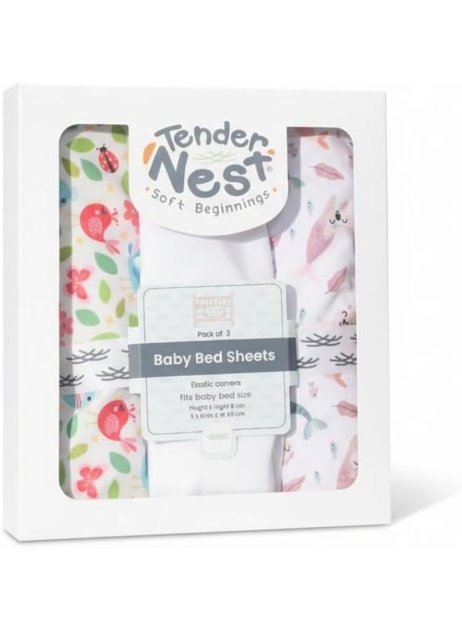 3-Piece Baby Bed Sheet Set – Bird & Mermaid Print, White - Image 3