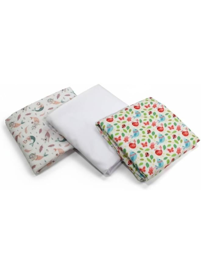 3-Piece Baby Bed Sheet Set – Bird & Mermaid Print, White - Image 2