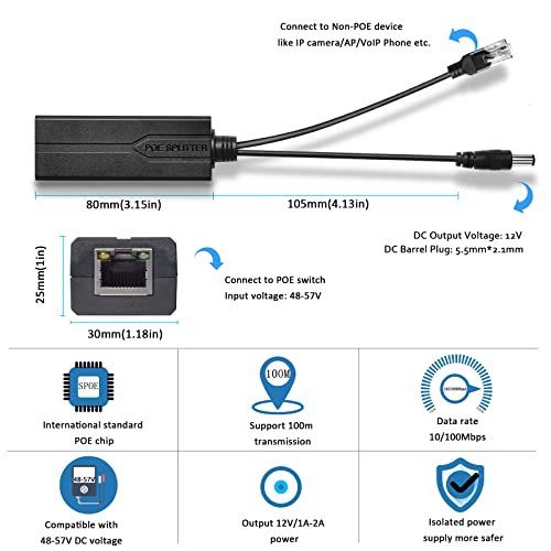 Bawofu Active PoE Power Over Ethernet Splitter Adapter 48V to 12V, 5.5x2.1mm DC, IEEE 802.3AF/at Compliant 10/100Mbps PoE Splitter with 12V Output for Surveillance Camera CCTV & VoIP Phone, 2 Pack - Image 4