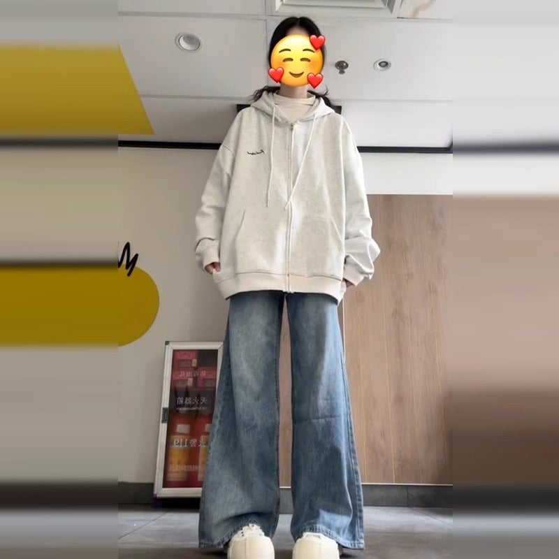 American retro oversize gray hooded zipper sweater cardigan coat womens spring and autumn 2025 new explosions Light gray 