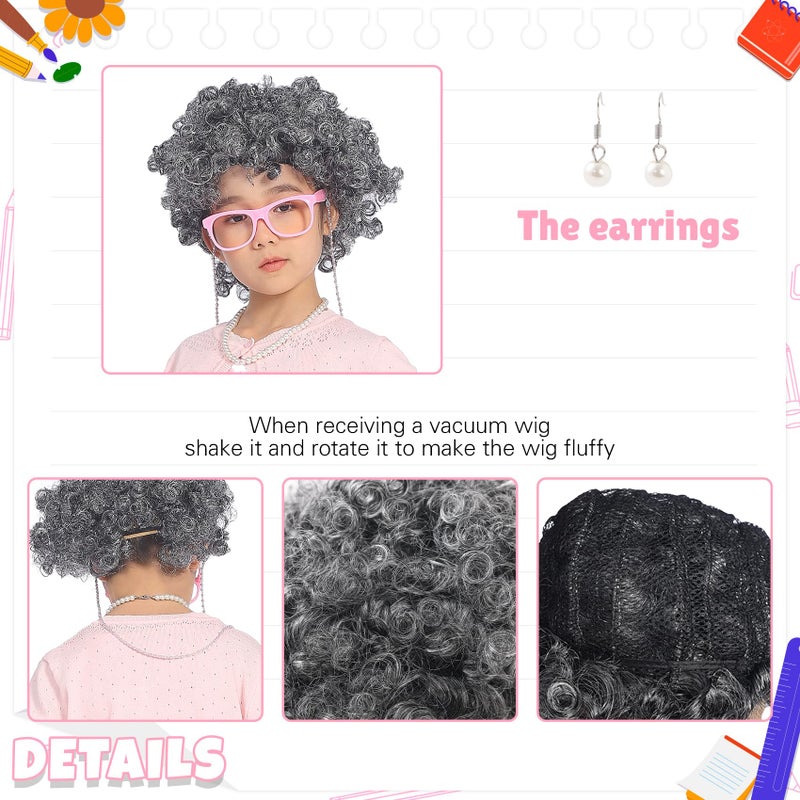 EchoElce 100 Days of School Costume for Girls Old Lady Costume for Kids Grandma Wig Glasses Chain Necklace Bracelet Grandma Dress up Cosplay Accessories Set (Pink) - Image 3
