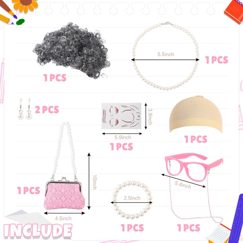 EchoElce 100 Days of School Costume for Girls Old Lady Costume for Kids Grandma Wig Glasses Chain Necklace Bracelet Grandma Dress up Cosplay Accessories Set (Pink) - Image 2