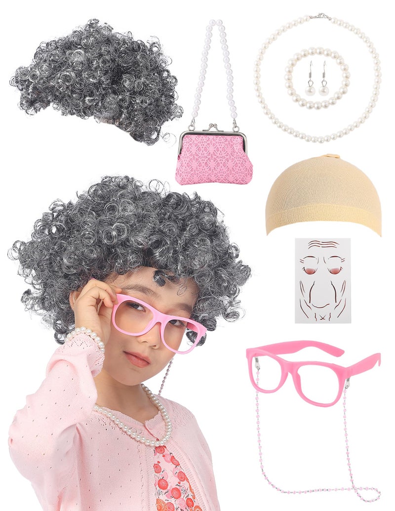 EchoElce 100 Days of School Costume for Girls Old Lady Costume for Kids Grandma Wig Glasses Chain Necklace Bracelet Grandma Dress up Cosplay Accessories Set (Pink) - Image 1
