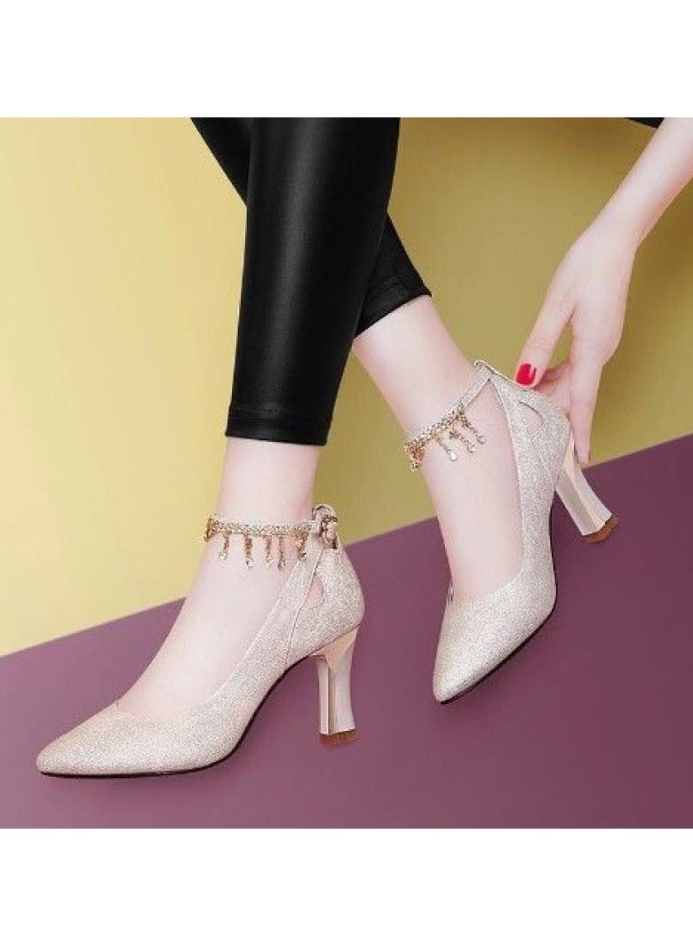 Shougu New Korean Versatile Thick Heel Wedding Shoes with Single Button Round Head Women's Shoes 