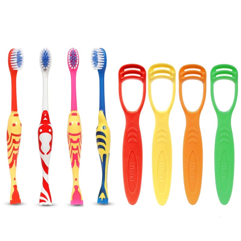 MAXI Oral Care Combo of 8-4 Goldie Junior Kids Soft Toothbrush & 4 TC - 1 Number Tongue Cleaner - Image 1