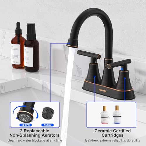 Hurran Bathroom Faucets for Sink 3 Hole, Hurran 4 inch Oil Rubbed Bronze Bathroom Sink Faucet with Pop-up Drain and Supply Hoses, Stainless Steel Lead-Free Centerset Faucets for Vanity RV, 2 Pack - Image 4