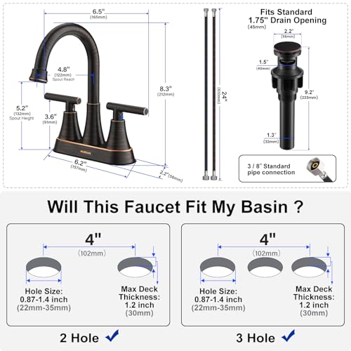 Hurran Bathroom Faucets for Sink 3 Hole, Hurran 4 inch Oil Rubbed Bronze Bathroom Sink Faucet with Pop-up Drain and Supply Hoses, Stainless Steel Lead-Free Centerset Faucets for Vanity RV, 2 Pack - Image 5