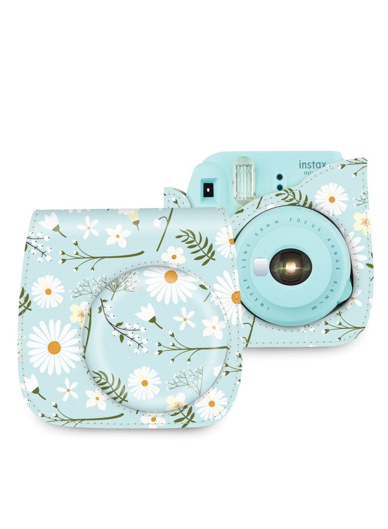 KASTWAVE Camera Bag Camera Protection Bag Vintage Floral PU Leather Camera Storage Bag with Shoulder Strap for Instax Mini 11 Fresh Green Small Daisy Camera Bag - Image 3