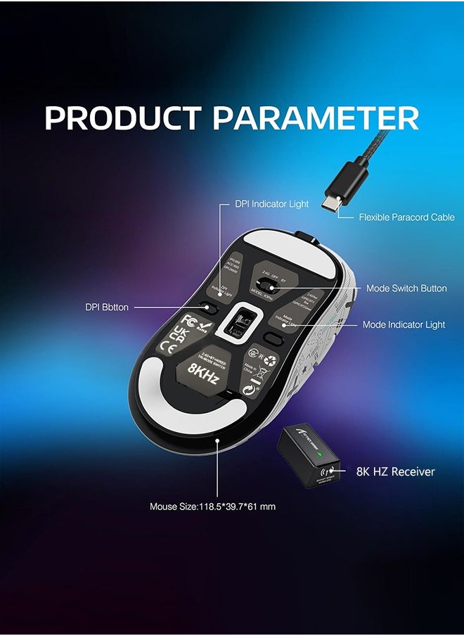 Attack Shark - X3PRO 4K/8K Lightweight Wireless Gaming Mouse with Tri-Mode(Wired/2.4GHz/BT),PAW3395 Optical Sensor,26K DPI,Kailh GM8.0 Switch,Long Battery,7 Buttons for PC/Laptop/Win/Mac(White) - Image 1