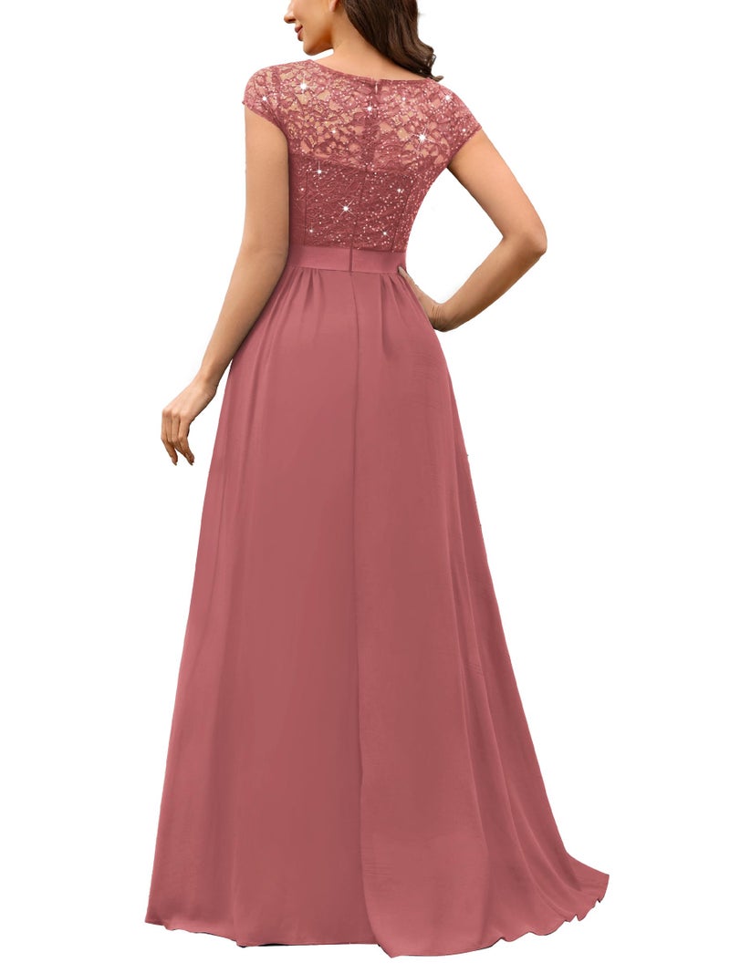 Miusol Women's Elegant V-Neck Cap Sleeve Sequined Floral Lace Formal Party Maxi Dress (Large, Cinnamon Pink) - Image 2