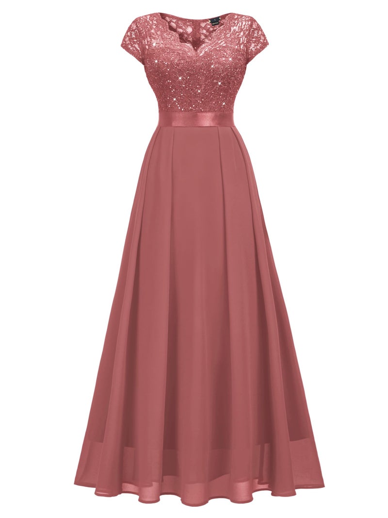 Miusol Women's Elegant V-Neck Cap Sleeve Sequined Floral Lace Formal Party Maxi Dress (Large, Cinnamon Pink) - Image 4