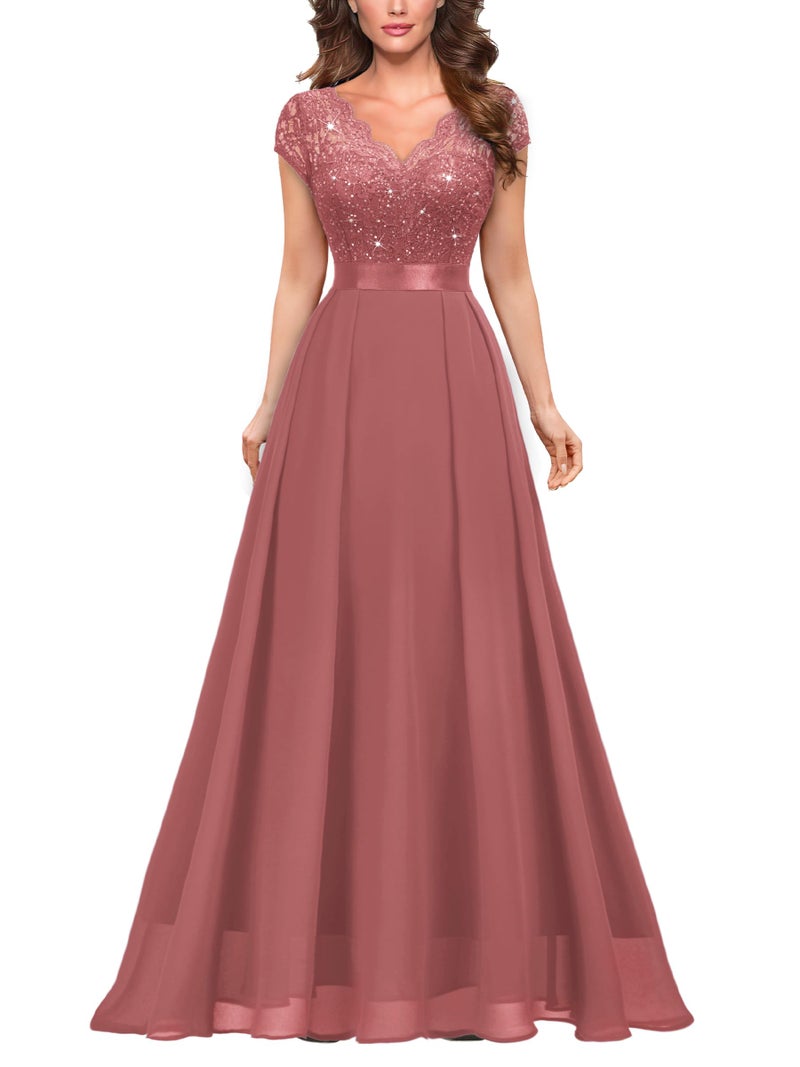 Miusol Women's Elegant V-Neck Cap Sleeve Sequined Floral Lace Formal Party Maxi Dress (Large, Cinnamon Pink) - Image 1