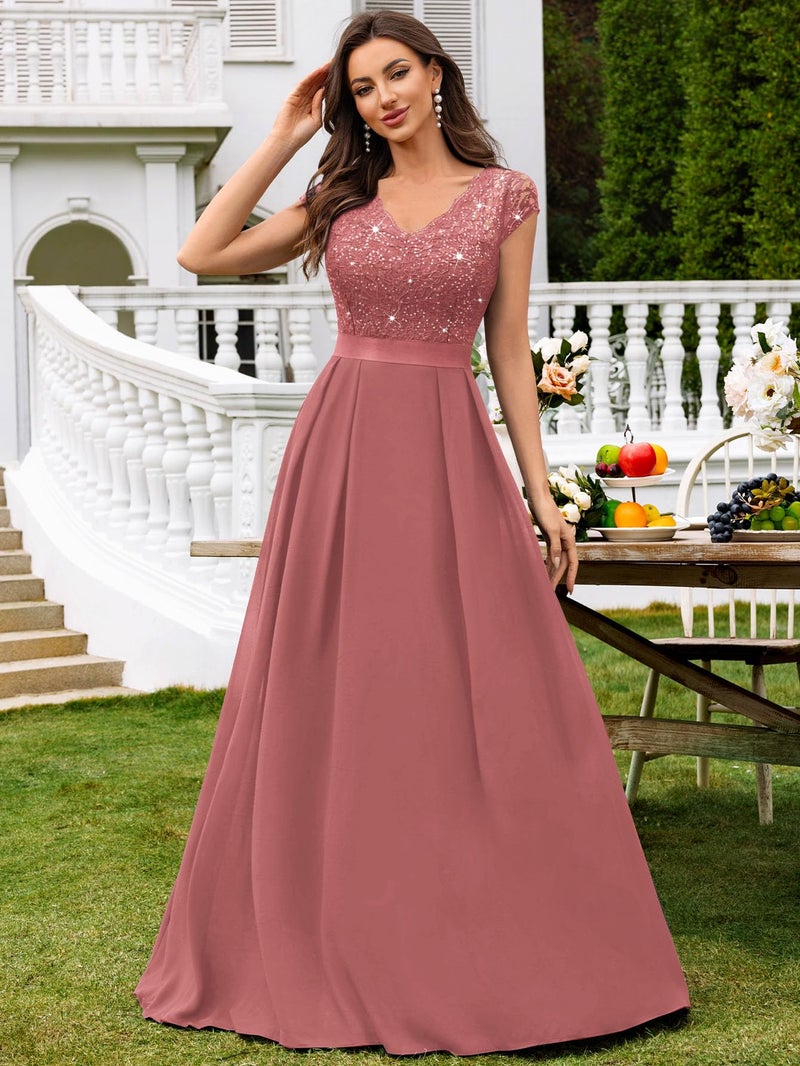 Miusol Women's Elegant V-Neck Cap Sleeve Sequined Floral Lace Formal Party Maxi Dress (Large, Cinnamon Pink) - Image 3