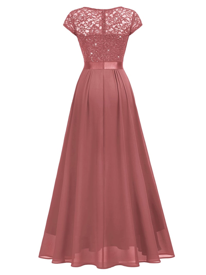 Miusol Women's Elegant V-Neck Cap Sleeve Sequined Floral Lace Formal Party Maxi Dress (Large, Cinnamon Pink) - Image 5