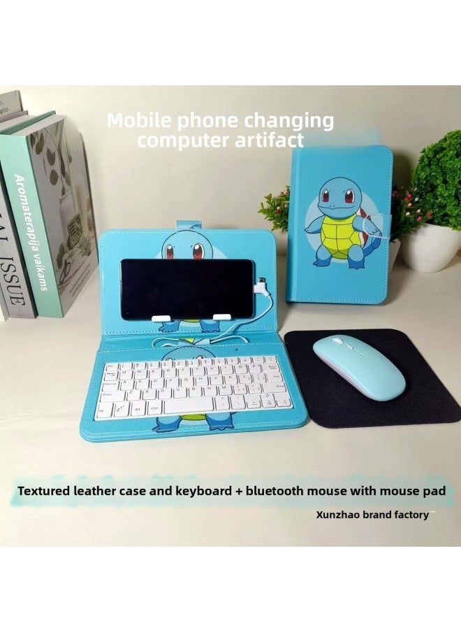 Generic - Mobile Phone Keyboard Mouse Suit Typing Chat Artifact Mobile Phone Large Bracket Leather Case Students Practice Game Cloud Computer-Color:Textured Leather Case Pikachu Keyboard + Bluetooth Mouse-Product Type:Android Socket+type Adapter - Image 1