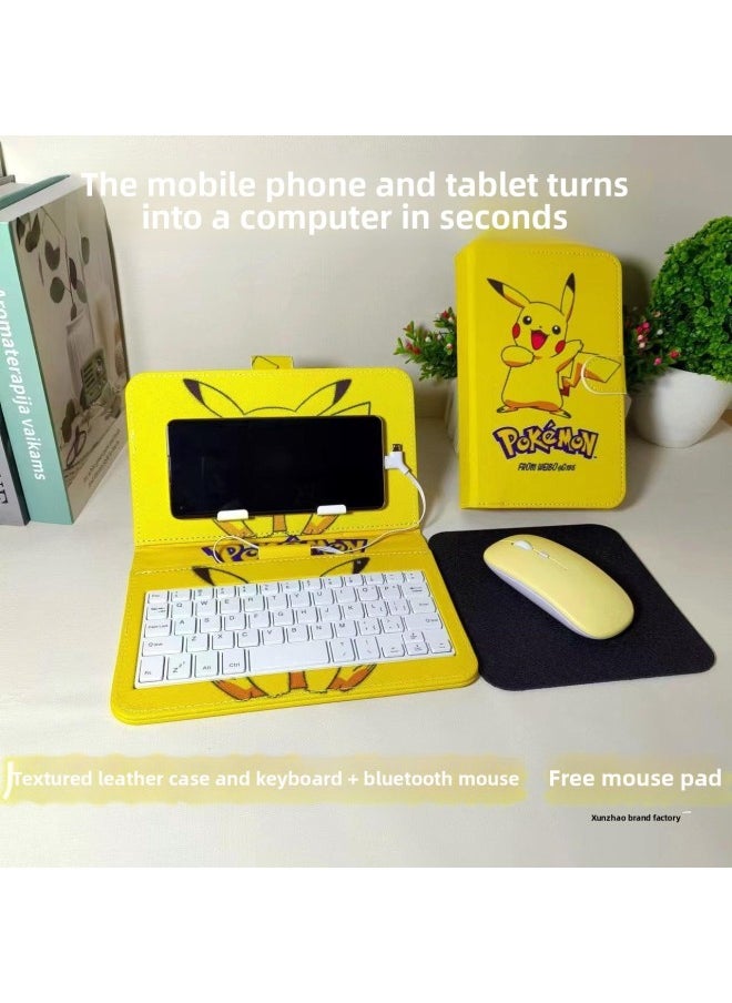 Generic - Mobile Phone Keyboard Mouse Suit Typing Chat Artifact Mobile Phone Large Bracket Leather Case Students Practice Game Cloud Computer-Color:Textured Leather Case Pikachu Keyboard + Bluetooth Mouse-Product Type:Android Socket+type Adapter - Image 1
