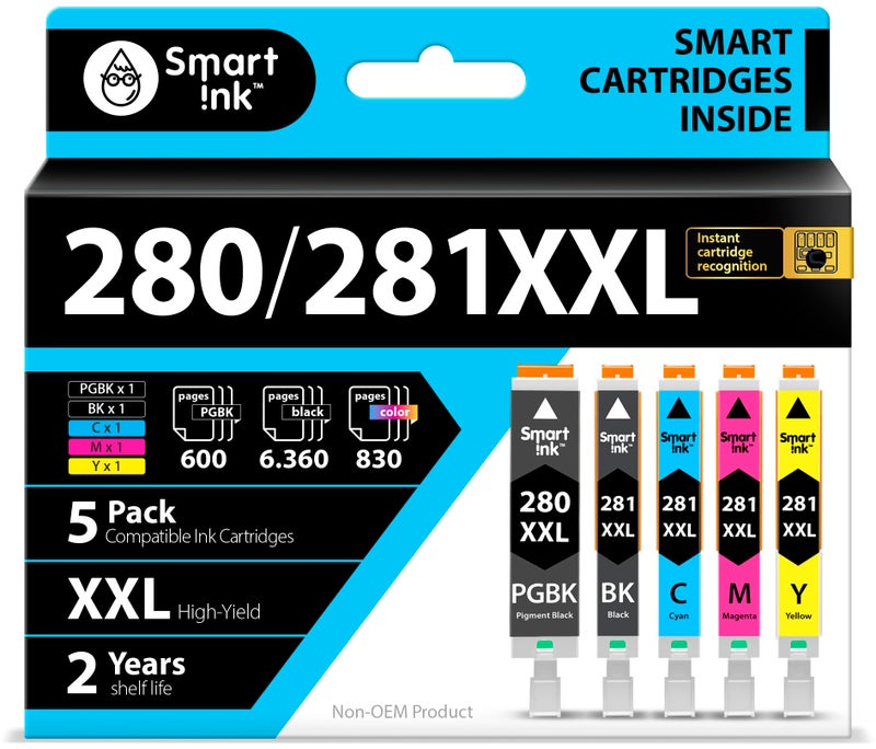 Smart Ink Compatible Ink Cartridges Replacement for Canon 281 280 PGI-280XXL CLI-281XXL (5 Combo Pack) to use with Canon Printers Pixma TR8520 TS9120 TS6120 TR8620 TR8620a TS6320 TR7520 PGBK/BK/C/M/Y - Image 1