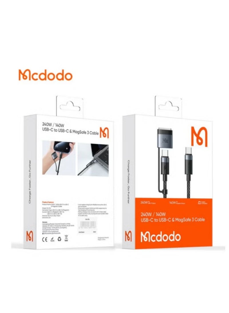 Mcdodo 2-in-1 USB-C to USB-C + MagSafe 3 Cable – CA-0140 2m Black – Fast Charging & Data Sync Cable for iPhone, MacBook, iPad, and Other USB-C Devices, Durable & High-Performance - Image 2