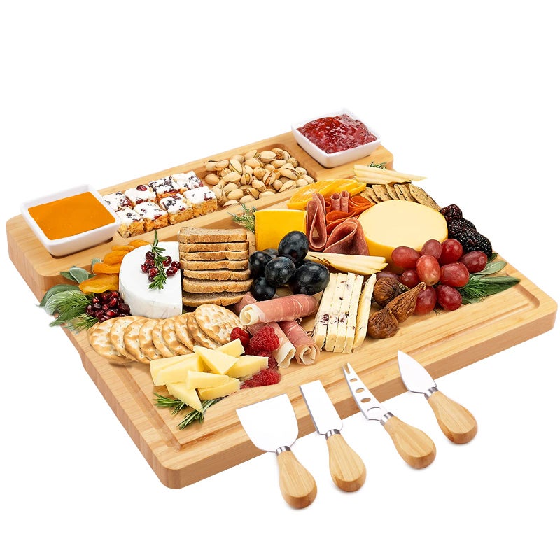 Charcuterie Boards and Knife Set  Bamboo Cheese Board  Wine Meat Cheese Tray Platter  Unique Housewarming Gifts Anniversary Wedding Gifts for Couple Bridal Shower Gift