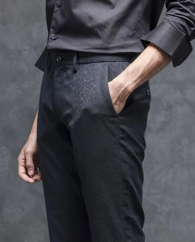 رير رابِت Rare Rabbit Men's Seth Navy Solid Mid-Rise Regular Fit JacquardTrouser