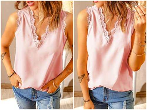 lime flare Women Sexy Summer Lace Trim Satin Cami Tank Tops Dressy Silk Lacy Camisole Shirt (X-L, Hot Pink Eyelash Lace) - Image 5