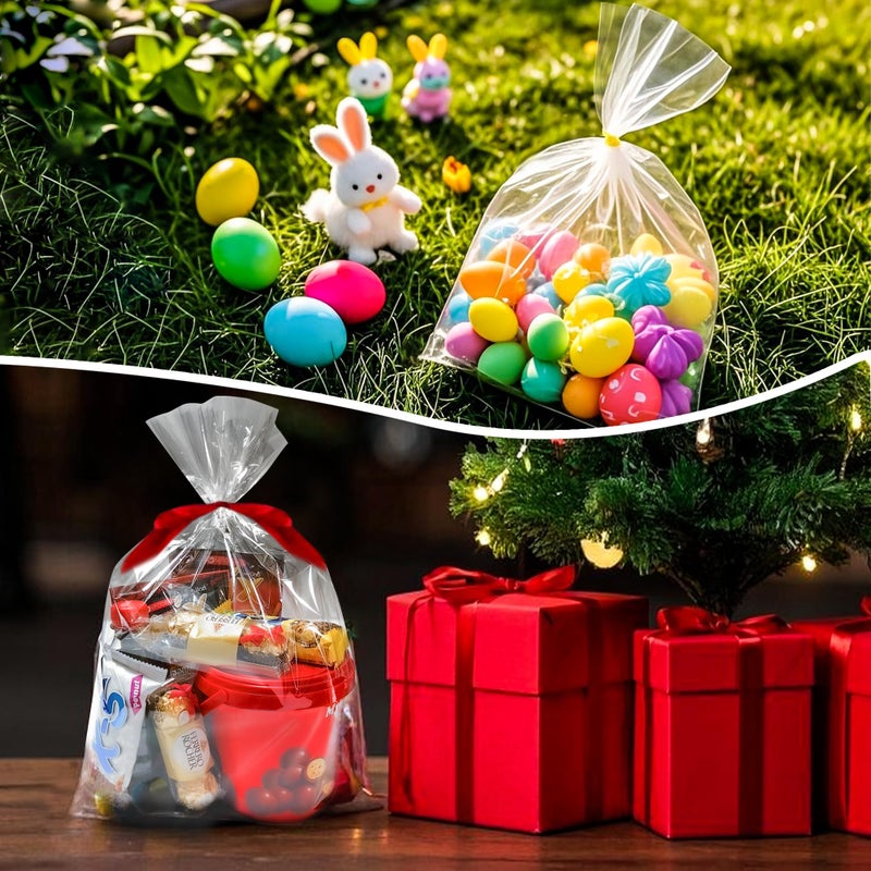QOIUSO 50 Pcs 12x16 Inch Clear Cellophane Gift Bags with Bottom Gusset and Twist Ties â€“ Large Flat Bottom Goodie Bags for Bakery Loaves, Small Gift Baskets, Valentines Treats and Easter Party Favors - Image 4
