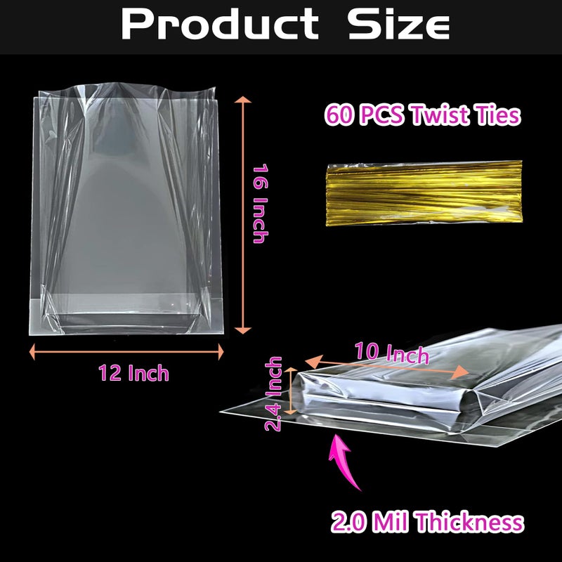 QOIUSO 50 Pcs 12x16 Inch Clear Cellophane Gift Bags with Bottom Gusset and Twist Ties â€“ Large Flat Bottom Goodie Bags for Bakery Loaves, Small Gift Baskets, Valentines Treats and Easter Party Favors - Image 3