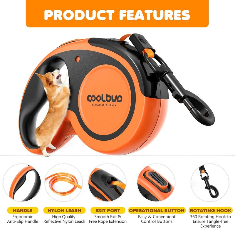 FYA Retractable Dog Leash 16 FT/5M, Heavy Duty Dog Leash for Dogs up to 110lbs, Dog Walking Leash, Strong Nylon Tape No Tangle, One-Handed Brake, Pause, Lock, Perfect for Medium Large Dogs - Image 2